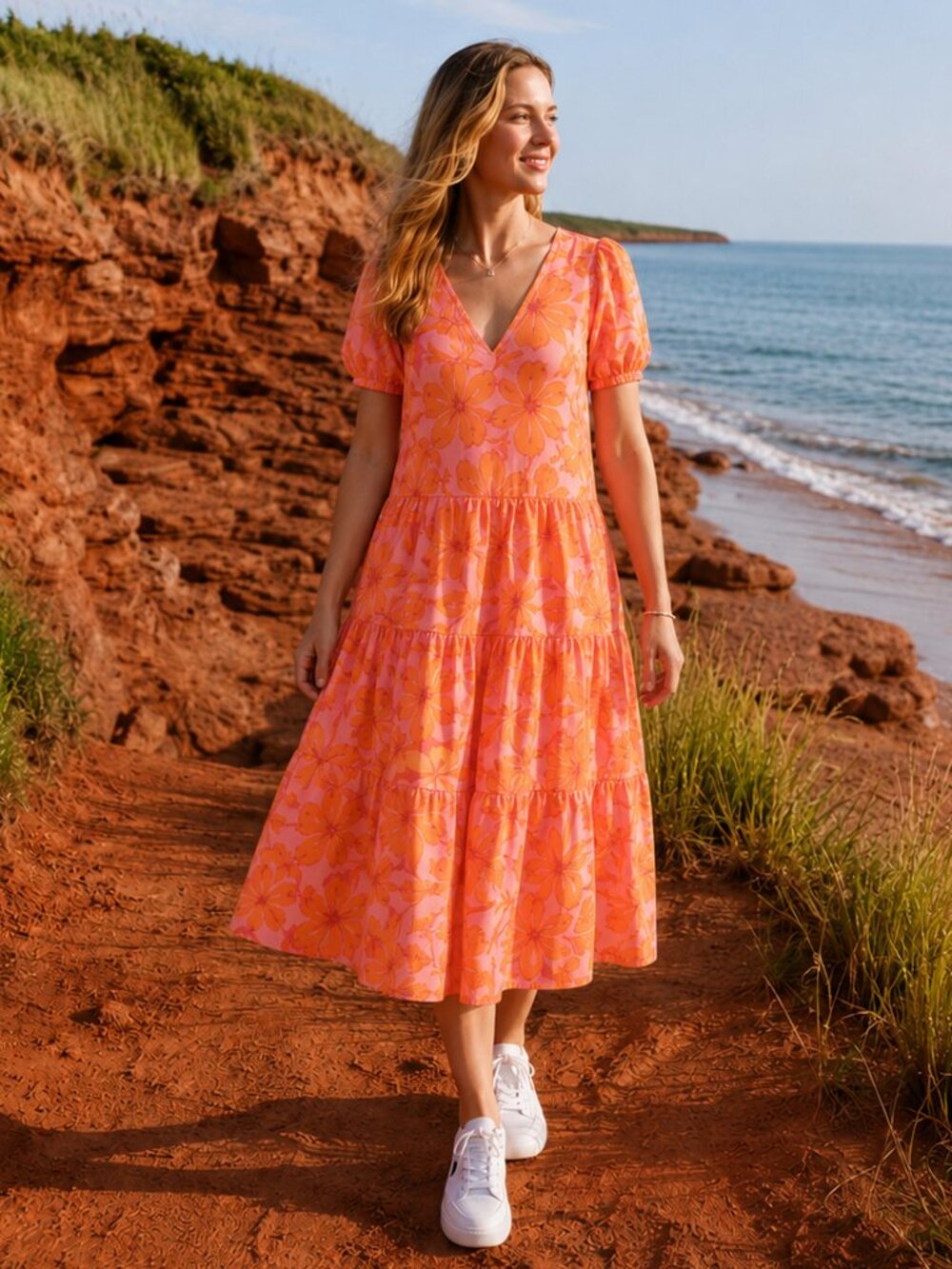 J.Crew Pink Orange Tropical Floral Puff Sleeve Tiered Cotton Midi Dress Sz 4 EUC